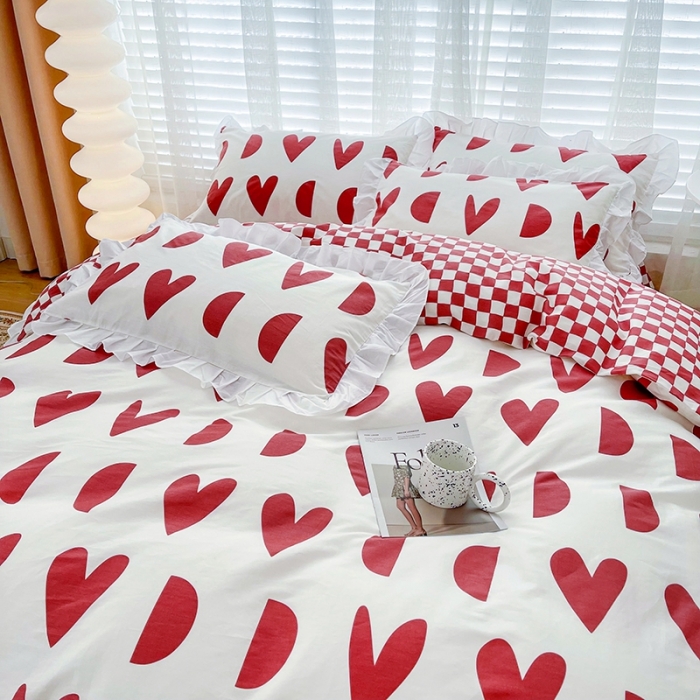 91家纺网 家纺一手货源 找家纺 卡普 直播供货全棉韩版荷叶花边四件套三件套学生床笠款 原野-红