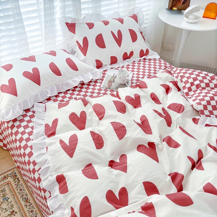 91家纺网 家纺一手货源 找家纺 卡普 直播供货全棉韩版荷叶花边四件套三件套学生床笠款 原野-红