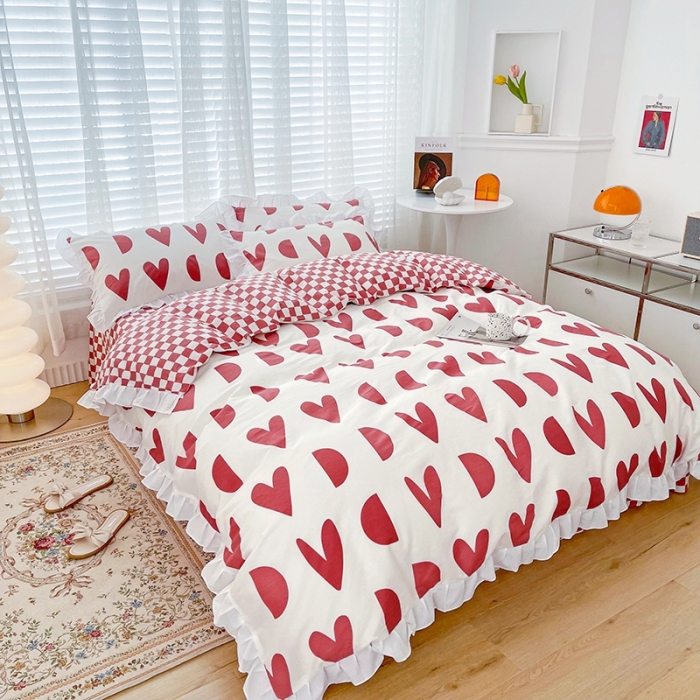 91家纺网 家纺一手货源 找家纺 卡普 直播供货全棉韩版荷叶花边四件套三件套学生床笠款 原野-红