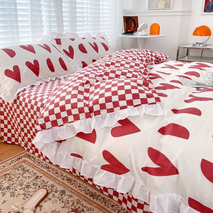 91家纺网 家纺一手货源 找家纺 卡普 直播供货全棉韩版荷叶花边四件套三件套学生床笠款 原野-红