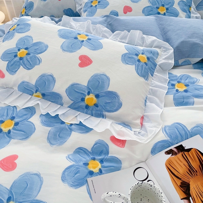 91家纺网 家纺一手货源 找家纺 卡普 2025新款全棉韩版荷叶花边床单+枕套 蓝朵