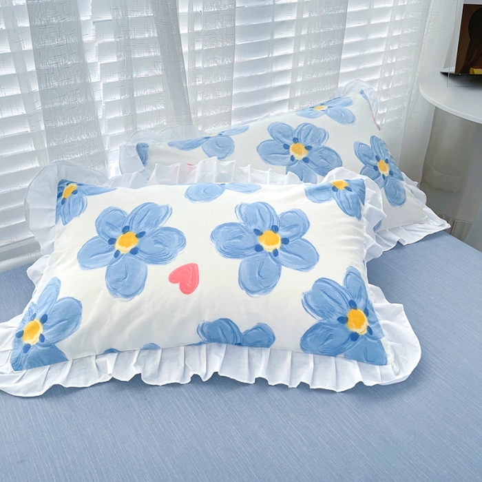 91家纺网 家纺一手货源 找家纺 卡普 2025新款全棉韩版荷叶花边床单+枕套 蓝朵