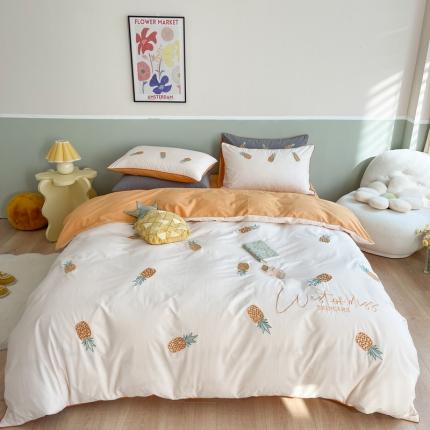 91家纺网 家纺一手货源 找家纺 2022新款直播网红爆款60支水洗棉绣花四件套小菠萝-粉白