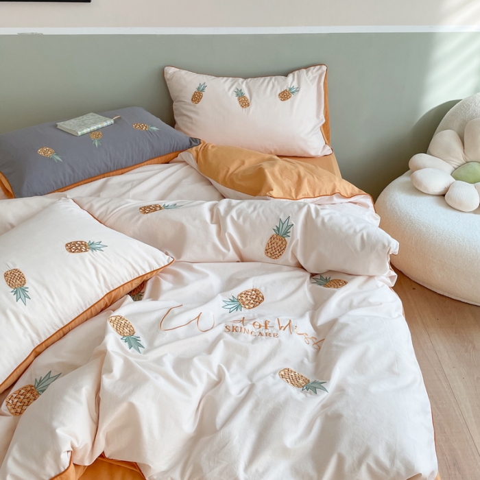 91家纺网 家纺一手货源 找家纺 2022新款直播网红爆款60支水洗棉绣花四件套小菠萝-粉白