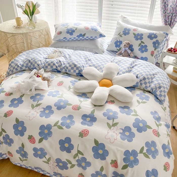 91家纺网 家纺一手货源 找家纺 珺柔家纺 2022新款13372全棉印花四件套 蓝色心情