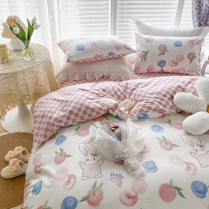 91家纺网 家纺一手货源 找家纺 珺柔家纺 2022新款13372全棉印花四件套 蜜桃兔