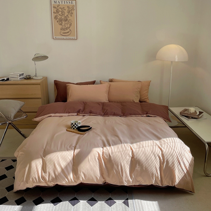 91家纺网 家纺一手货源 找家纺 窝米 2022春季新品素色双拼水洗棉系列四件套 可可双拼