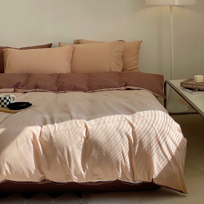 91家纺网 家纺一手货源 找家纺 窝米 2022春季新品素色双拼水洗棉系列四件套 可可双拼