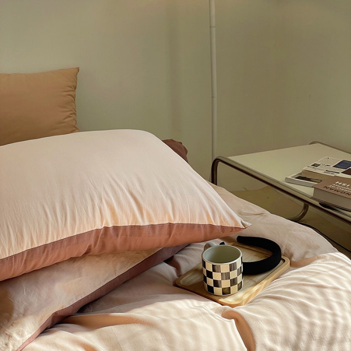 91家纺网 家纺一手货源 找家纺 窝米 2022春季新品素色双拼水洗棉系列四件套 可可双拼