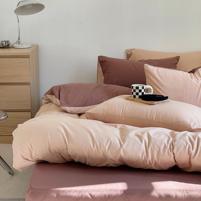 91家纺网 家纺一手货源 找家纺 窝米 2022春季新品素色双拼水洗棉系列四件套 可可双拼