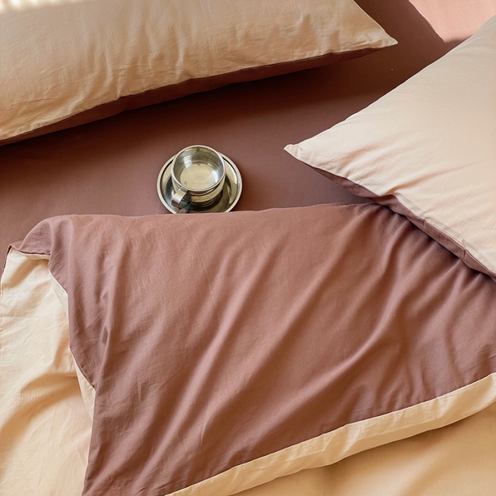 91家纺网 家纺一手货源 找家纺 窝米 2022春季新品素色双拼水洗棉系列四件套 可可双拼