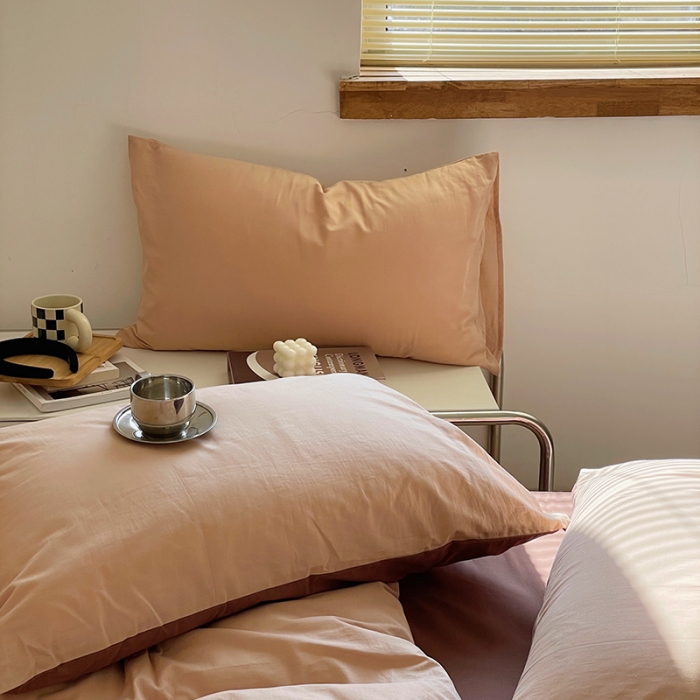 91家纺网 家纺一手货源 找家纺 窝米 2022春季新品素色双拼水洗棉系列四件套 可可双拼