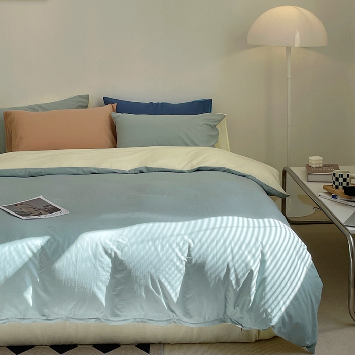 91家纺网 家纺一手货源 找家纺 窝米 2022春季新品素色双拼水洗棉系列四件套 米兰双拼