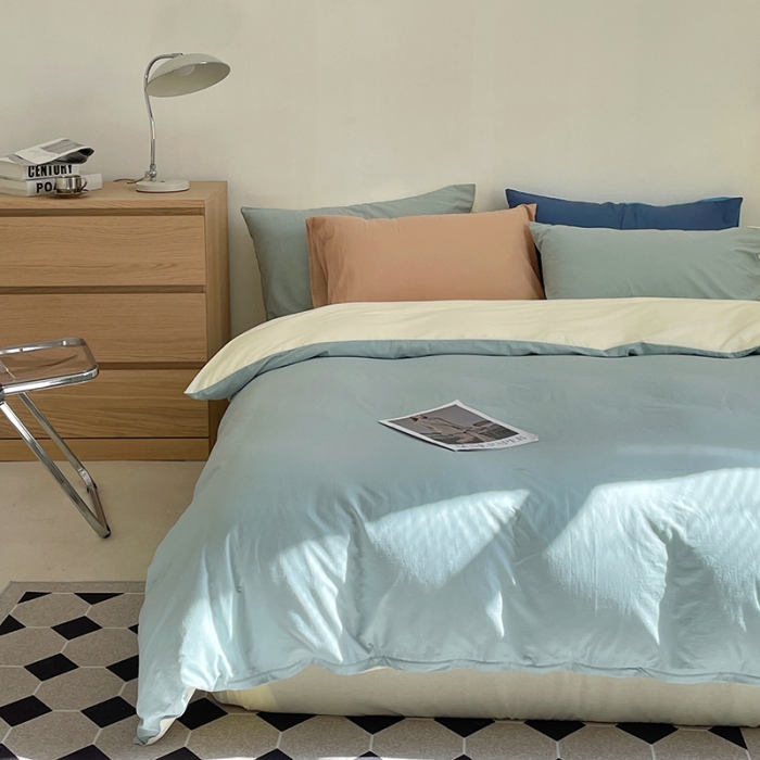 91家纺网 家纺一手货源 找家纺 窝米 2022春季新品素色双拼水洗棉系列四件套 米兰双拼