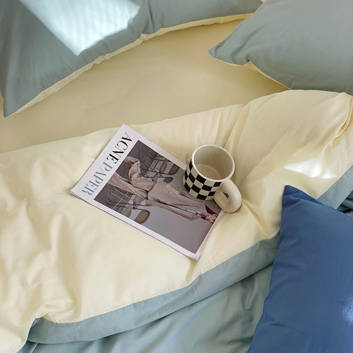 91家纺网 家纺一手货源 找家纺 窝米 2022春季新品素色双拼水洗棉系列四件套 米兰双拼