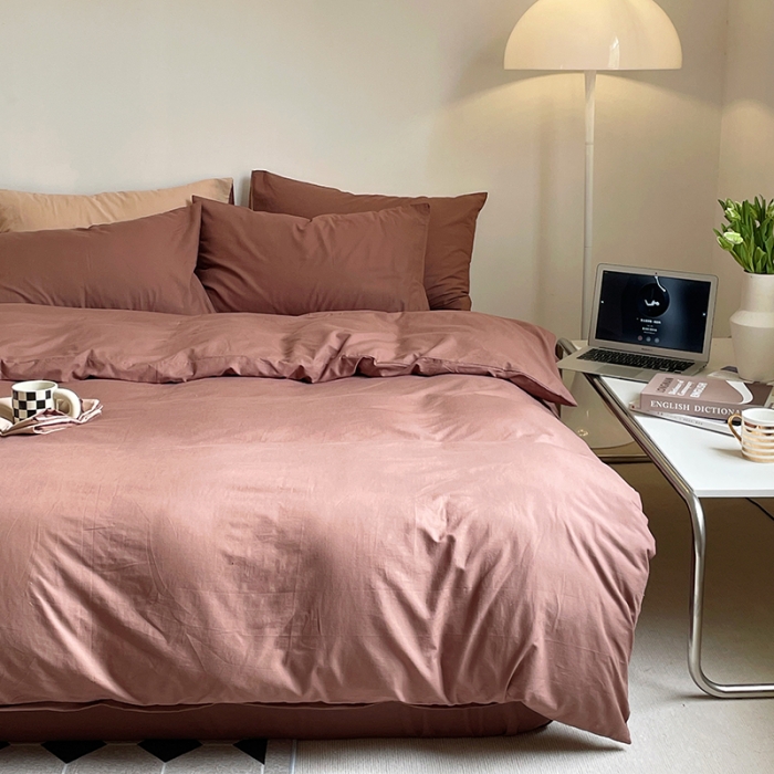 91家纺网 家纺一手货源 找家纺 窝米 2022春季新品素色双拼水洗棉系列四件套 欧蕾咖啡