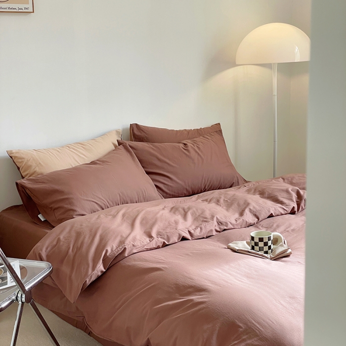 91家纺网 家纺一手货源 找家纺 窝米 2022春季新品素色双拼水洗棉系列四件套 欧蕾咖啡