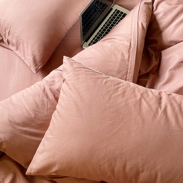 91家纺网 家纺一手货源 找家纺 窝米 2022春季新品素色双拼水洗棉系列四件套 欧蕾咖啡