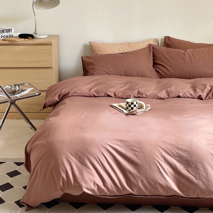 91家纺网 家纺一手货源 找家纺 窝米 2022春季新品素色双拼水洗棉系列四件套 欧蕾咖啡