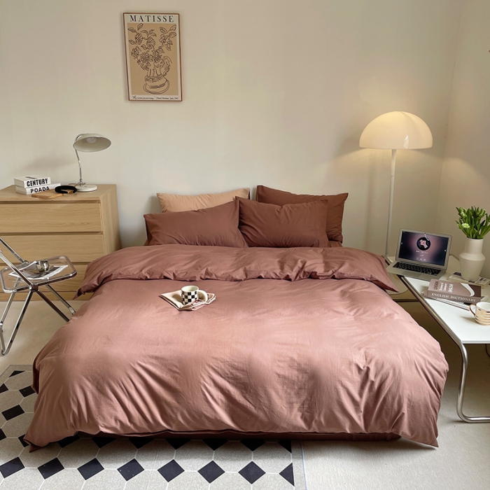 91家纺网 家纺一手货源 找家纺 窝米 2022春季新品素色双拼水洗棉系列四件套 欧蕾咖啡