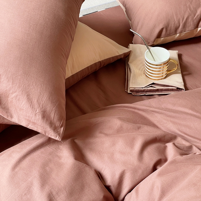 91家纺网 家纺一手货源 找家纺 窝米 2022春季新品素色双拼水洗棉系列四件套 欧蕾咖啡