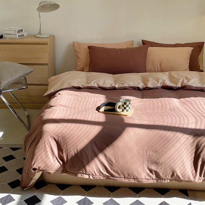 91家纺网 家纺一手货源 找家纺 窝米 2022春季新品素色双拼水洗棉系列四件套 欧蕾咖啡双拼