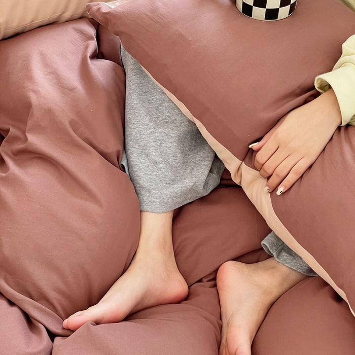 91家纺网 家纺一手货源 找家纺 窝米 2022春季新品素色双拼水洗棉系列四件套 欧蕾咖啡双拼