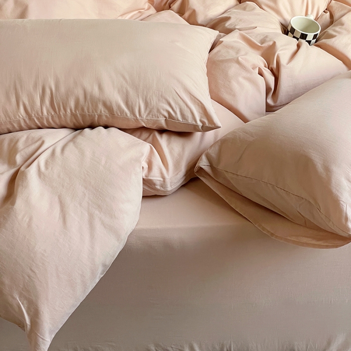 91家纺网 家纺一手货源 找家纺 窝米 2022春季新品素色双拼水洗棉系列四件套 燕麦奶