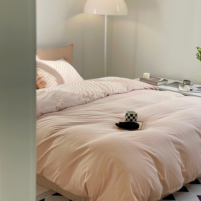 91家纺网 家纺一手货源 找家纺 窝米 2022春季新品素色双拼水洗棉系列四件套 燕麦奶