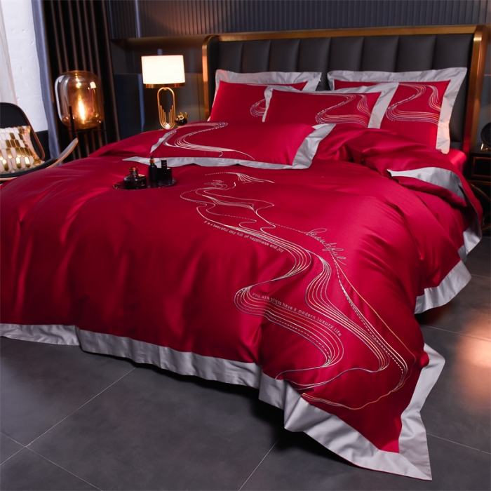 91家纺网 家纺一手货源 找家纺 瑞驰家纺 长绒棉绣花四件套-锦瑟 极光红