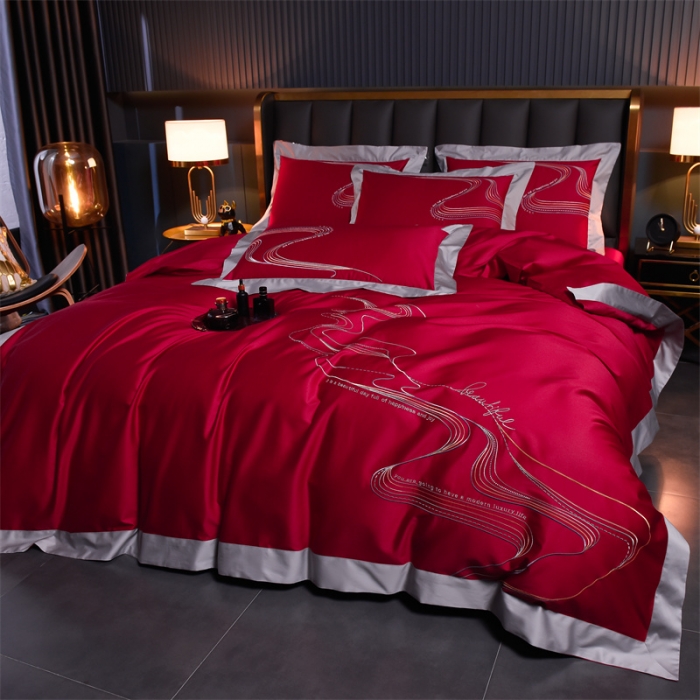 91家纺网 家纺一手货源 找家纺 瑞驰家纺 长绒棉绣花四件套-锦瑟 极光红