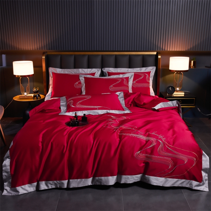 91家纺网 家纺一手货源 找家纺 瑞驰家纺 长绒棉绣花四件套-锦瑟 极光红