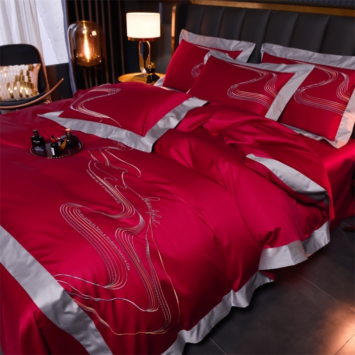 91家纺网 家纺一手货源 找家纺 瑞驰家纺 长绒棉绣花四件套-锦瑟 极光红