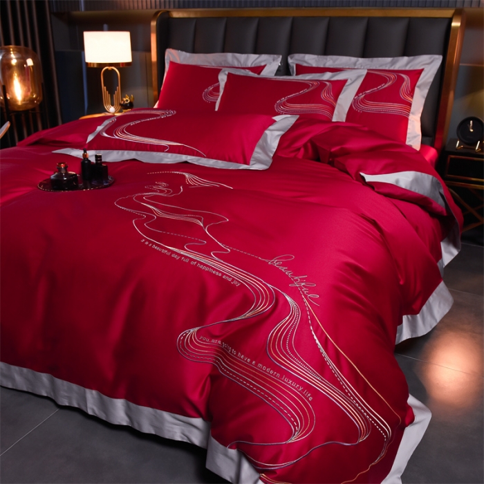 91家纺网 家纺一手货源 找家纺 瑞驰家纺 长绒棉绣花四件套-锦瑟 极光红