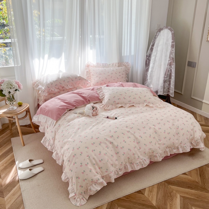 91家纺网 家纺一手货源 找家纺 棉生活 2025新款洛丽塔花边款全棉四件套 花乐礼