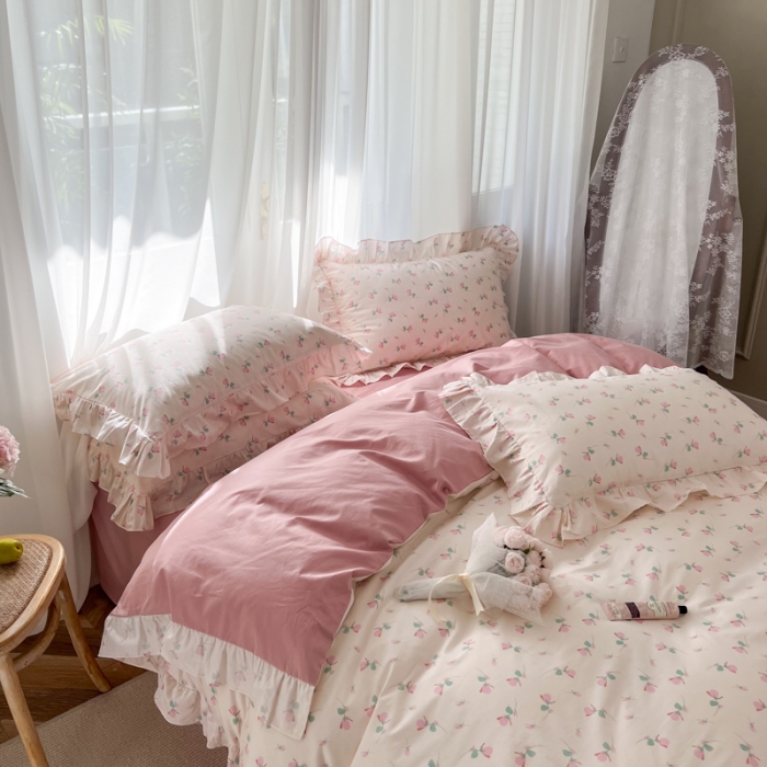 91家纺网 家纺一手货源 找家纺 棉生活 2025新款洛丽塔花边款全棉四件套 花乐礼