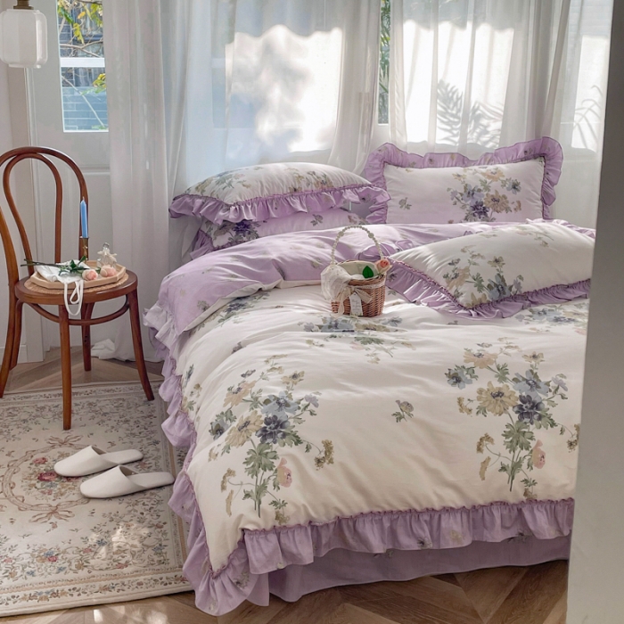 91家纺网 家纺一手货源 找家纺 棉生活 2025新款洛丽塔花边款全棉四件套 栀子花开