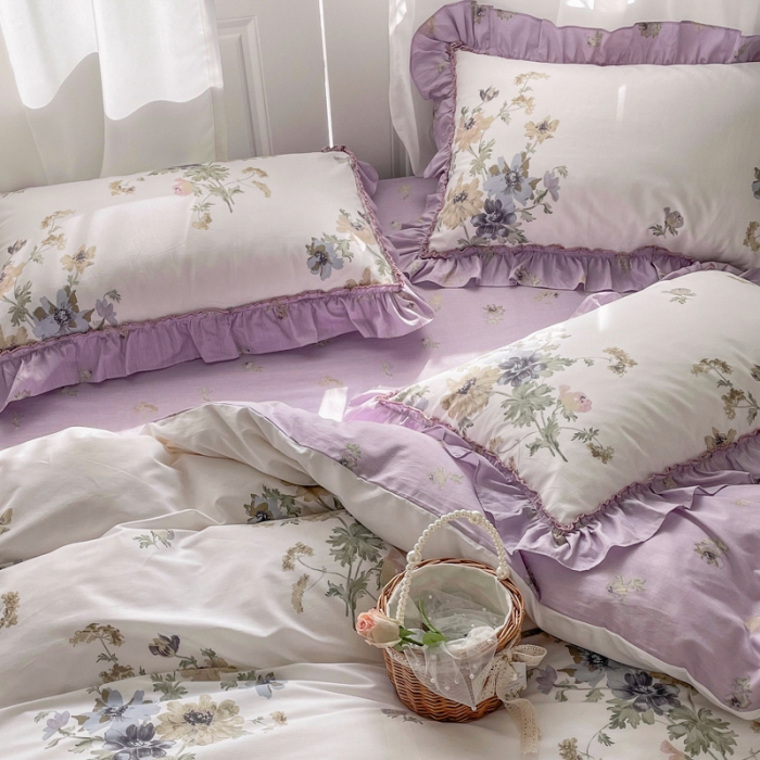 91家纺网 家纺一手货源 找家纺 棉生活 2025新款洛丽塔花边款全棉四件套 栀子花开