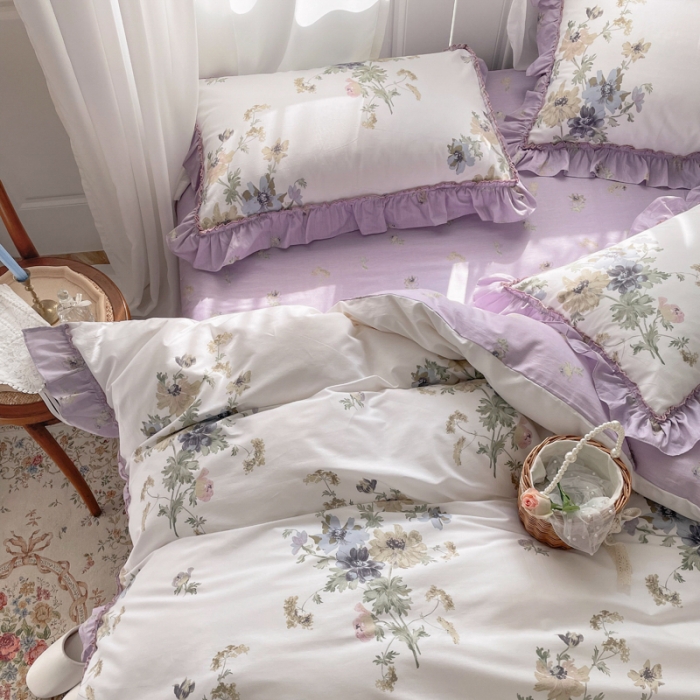 91家纺网 家纺一手货源 找家纺 棉生活 2025新款洛丽塔花边款全棉四件套 栀子花开