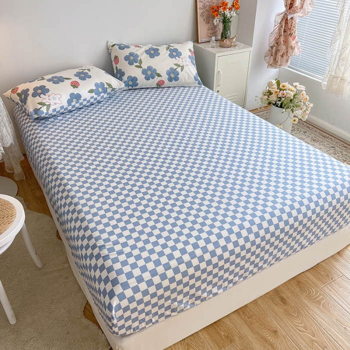 91家纺网 家纺一手货源 找家纺 麦伦春季新品全棉40S斜纹印花休闲轻奢系列单品床笠 棋盘格蓝
