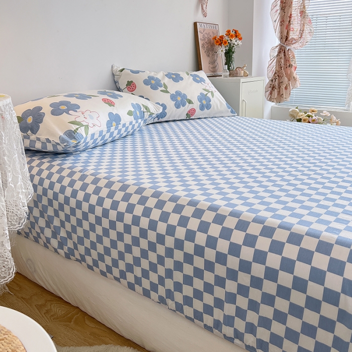 91家纺网 家纺一手货源 找家纺 麦伦春季新品全棉40S斜纹印花休闲轻奢系列单品床笠 棋盘格蓝