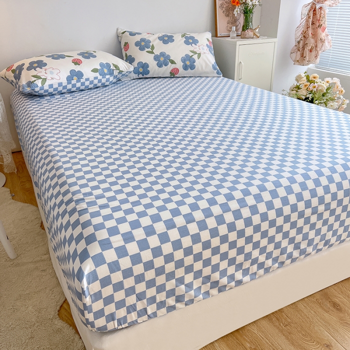91家纺网 家纺一手货源 找家纺 麦伦春季新品全棉40S斜纹印花休闲轻奢系列单品床笠 棋盘格蓝
