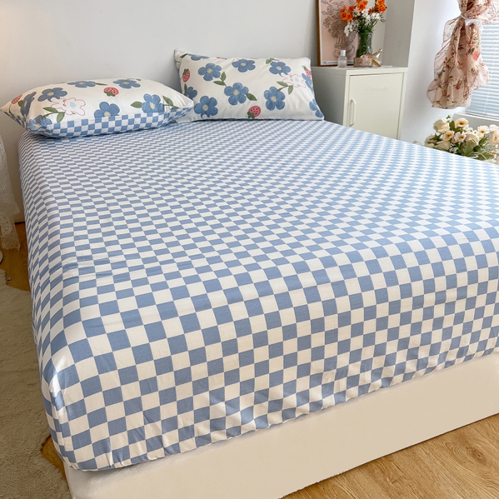 91家纺网 家纺一手货源 找家纺 麦伦春季新品全棉40S斜纹印花休闲轻奢系列单品床笠 棋盘格蓝