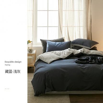 91家纺网 家纺一手货源 找家纺 2022加厚60S水洗棉四件套 藏蓝-浅灰