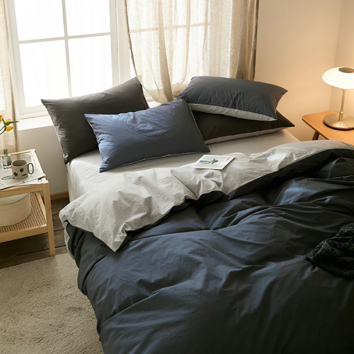 91家纺网 家纺一手货源 找家纺 2022加厚60S水洗棉四件套 藏蓝-浅灰