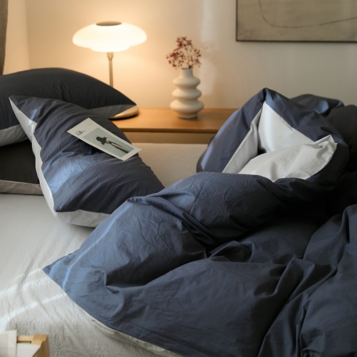 91家纺网 家纺一手货源 找家纺 2022加厚60S水洗棉四件套 藏蓝-浅灰