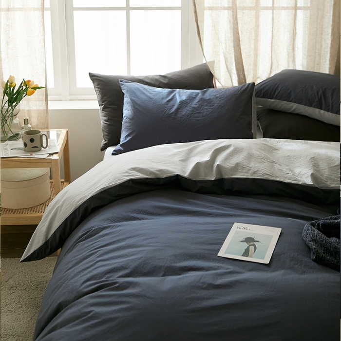 91家纺网 家纺一手货源 找家纺 2022加厚60S水洗棉四件套 藏蓝-浅灰