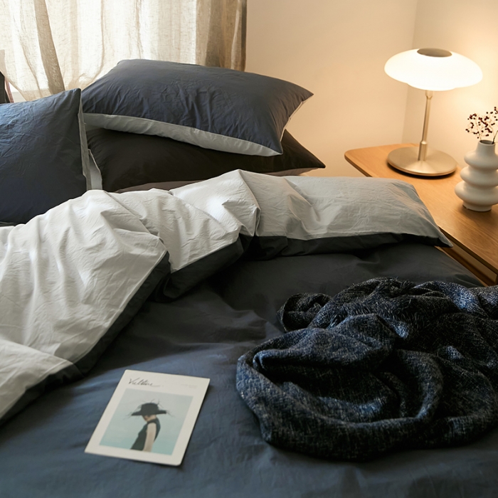 91家纺网 家纺一手货源 找家纺 2022加厚60S水洗棉四件套 藏蓝-浅灰