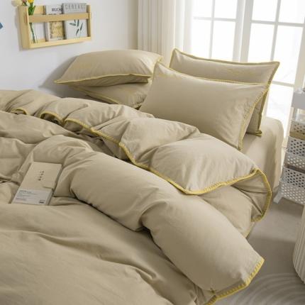 91家纺网 家纺一手货源 找家纺 莱登卡奴 2022新款全棉水洗棉贝壳刺绣四件套-自然光鹿角咖