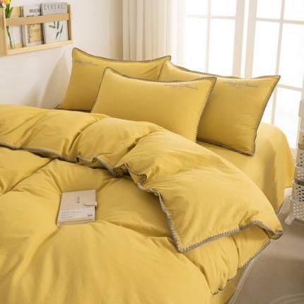 91家纺网 家纺一手货源 找家纺 莱登卡奴2022新款全棉水洗棉贝壳刺绣四件套-自然光绅士姜黄